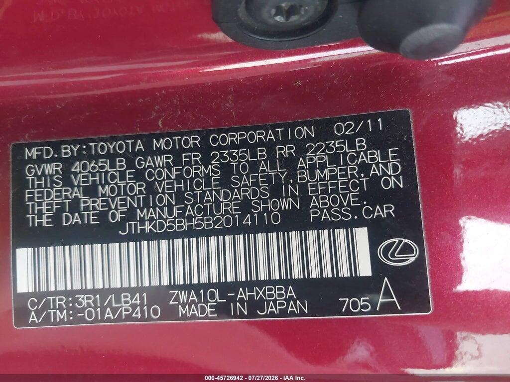JTHKD5BH5B2014110 2011 LEXUS CT 200H photo no. 9