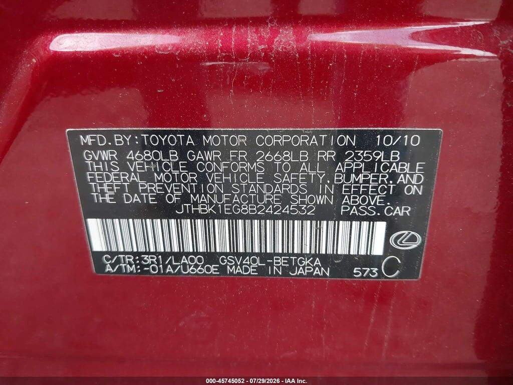 JTHBK1EG8B2424532 2011 LEXUS ES 350 photo no. 9