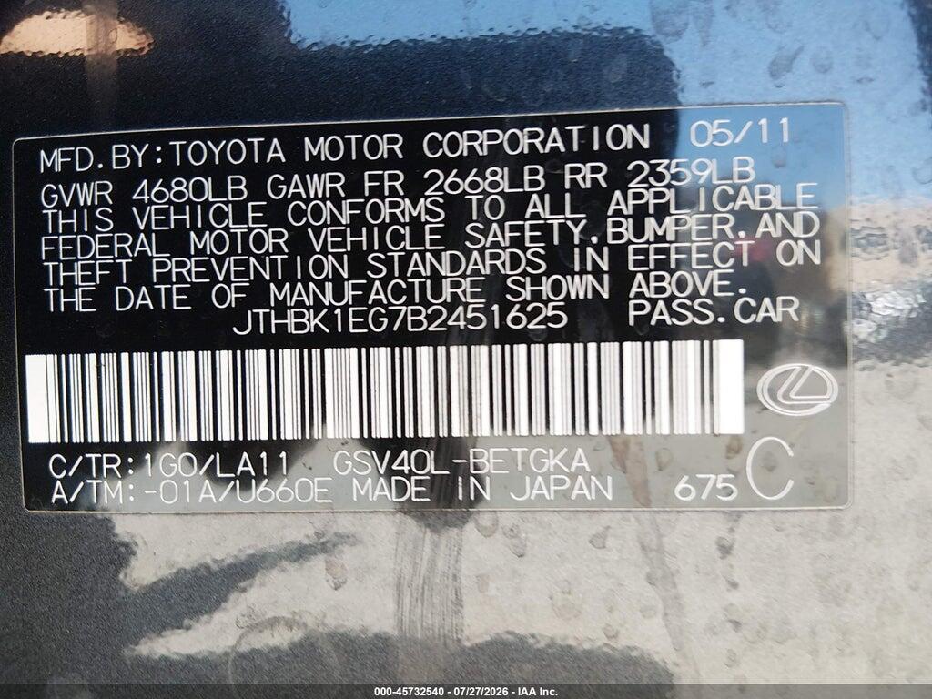 JTHBK1EG7B2451625 2011 LEXUS ES 350 photo no. 9