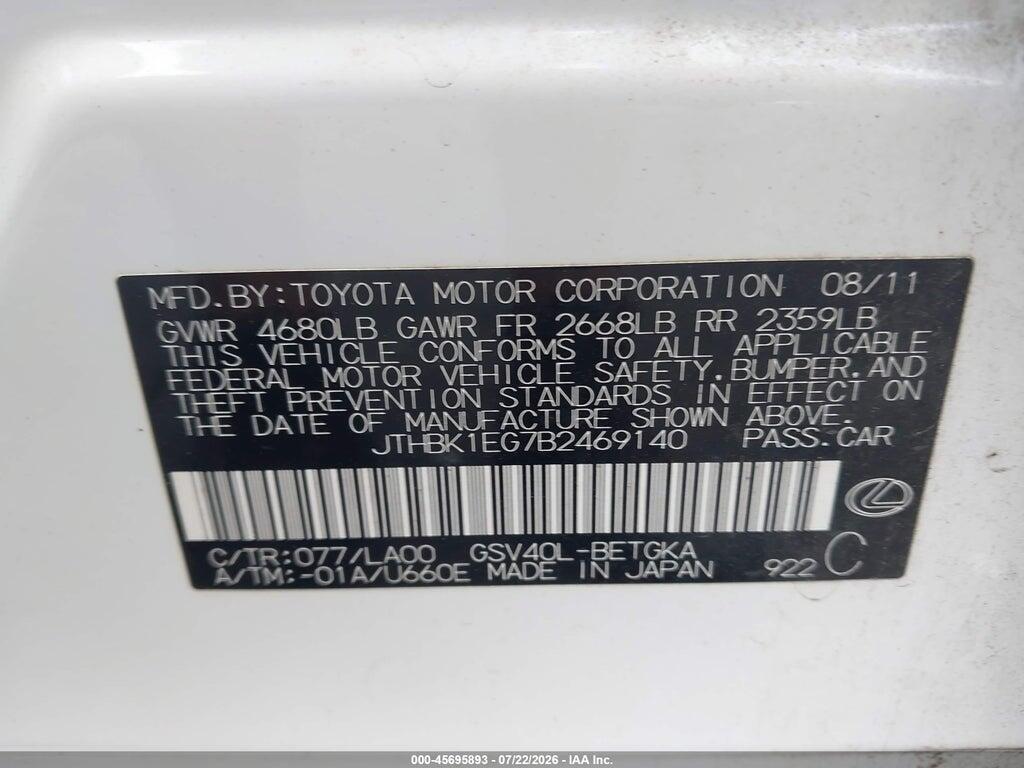 JTHBK1EG7B2469140 2011 LEXUS ES 350 photo no. 9