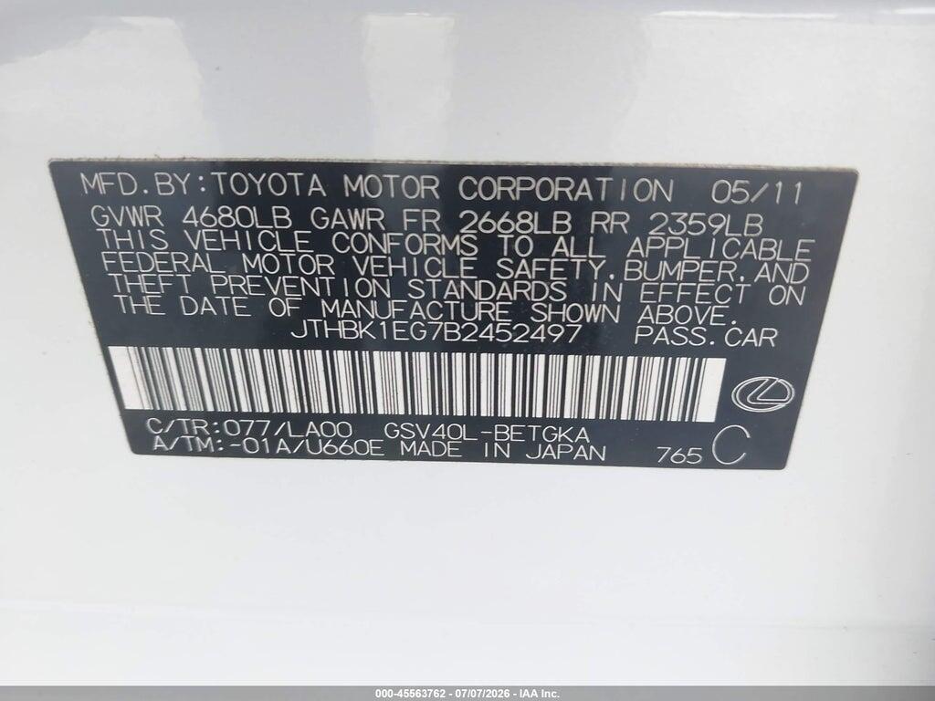 JTHBK1EG7B2452497 2011 LEXUS ES 350 photo no. 9