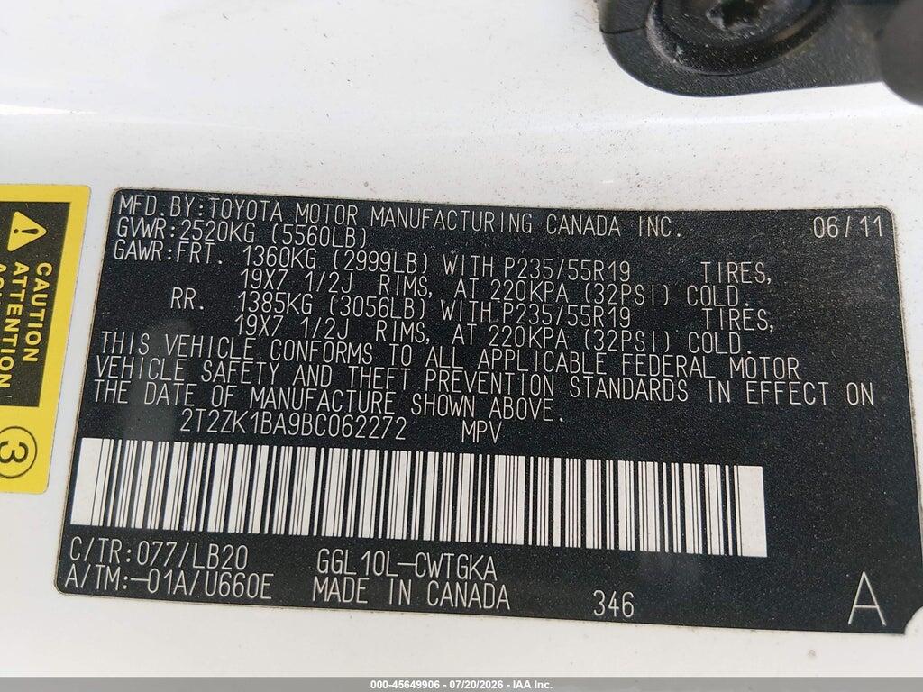 2T2ZK1BA9BC062272 2011 LEXUS RX 350 photo no. 9