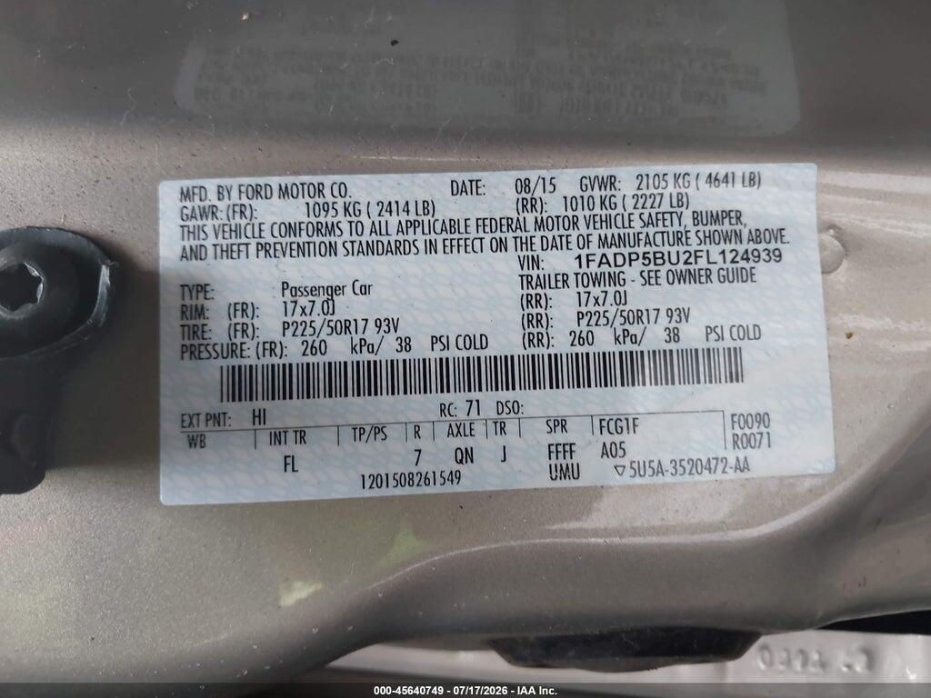 1FADP5BU2FL124939 2015 FORD C-MAX HYBRID photo no. 9