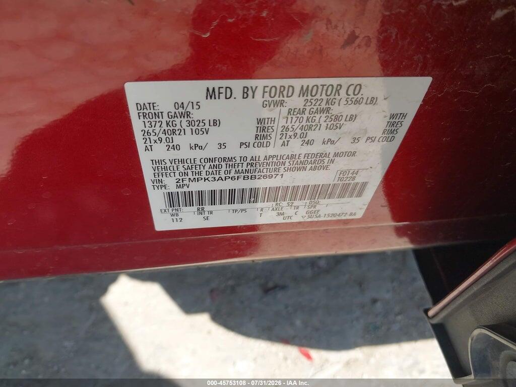 2FMPK3AP6FBB26971 2015 FORD EDGE photo no. 9