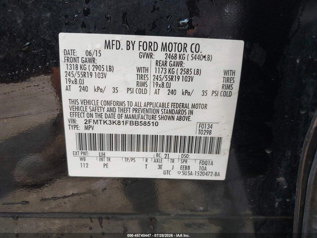 2FMTK3K81FBB58510 2015 FORD EDGE photo no. 9