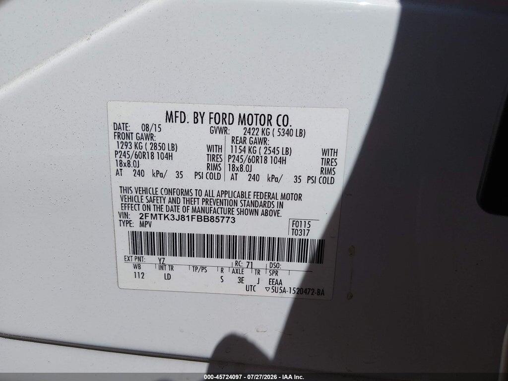 2FMTK3J81FBB85773 2015 FORD EDGE photo no. 9