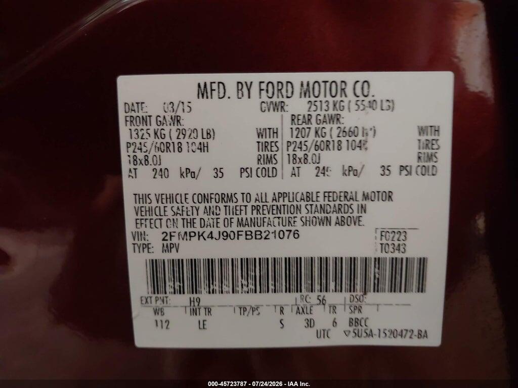 2FMPK4J90FBB21076 2015 FORD EDGE photo no. 9