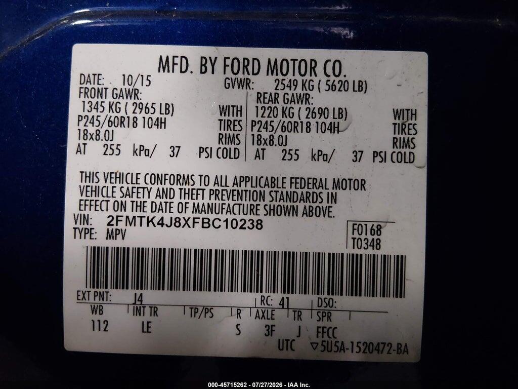 2FMTK4J8XFBC10238 2015 FORD EDGE photo no. 9