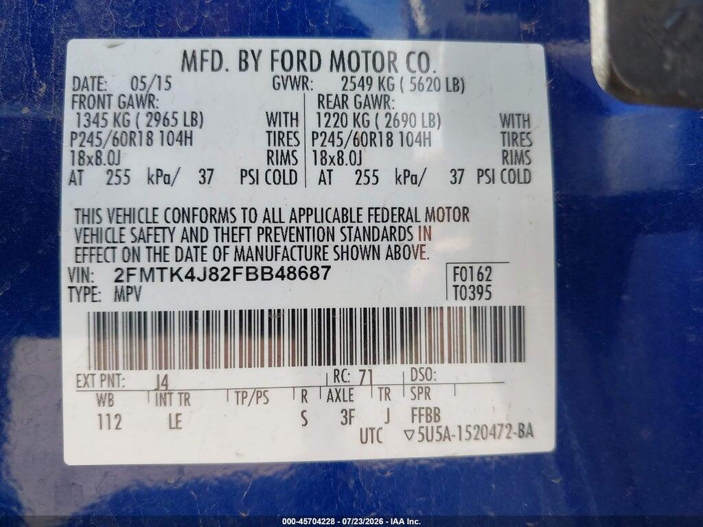 2FMTK4J82FBB48687 2015 FORD EDGE photo no. 9