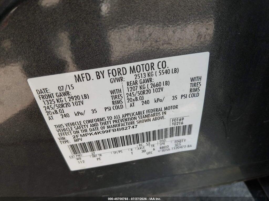 2FMPK4K99FBB82747 2015 FORD EDGE photo no. 9