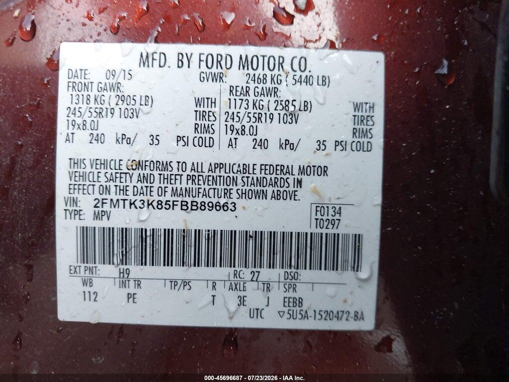 2FMTK3K85FBB89663 2015 FORD EDGE photo no. 9