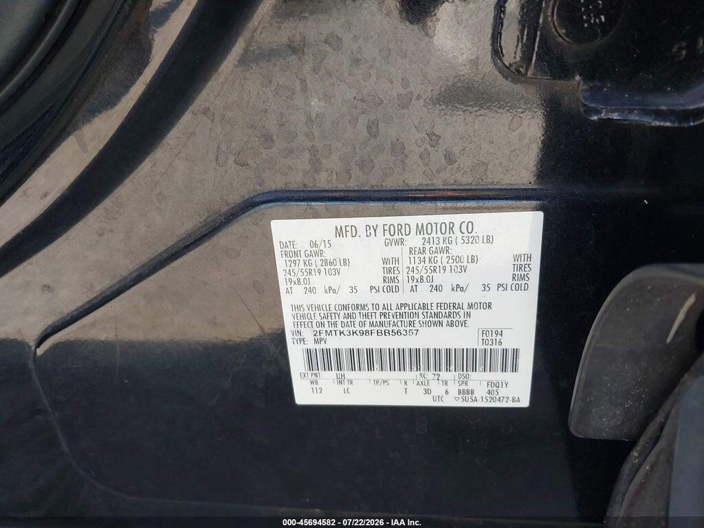 2FMTK3K98FBB56357 2015 FORD EDGE photo no. 9