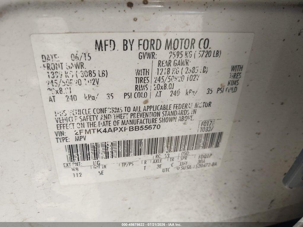 2FMTK4APXFBB55670 2015 FORD EDGE photo no. 9