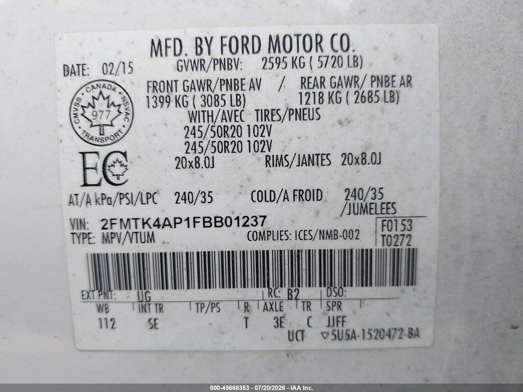 2FMTK4AP1FBB01237 2015 FORD EDGE photo no. 9