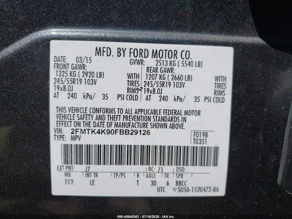 2FMTK4K90FBB29126 2015 FORD EDGE photo no. 9