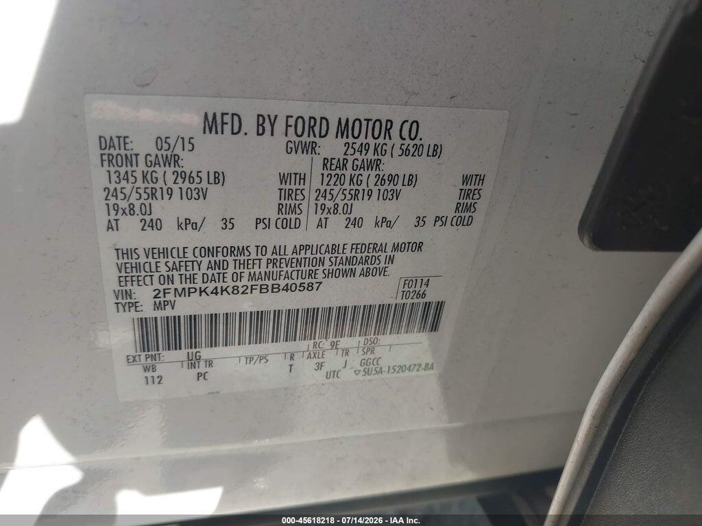 2FMPK4K82FBB40587 2015 FORD EDGE photo no. 9