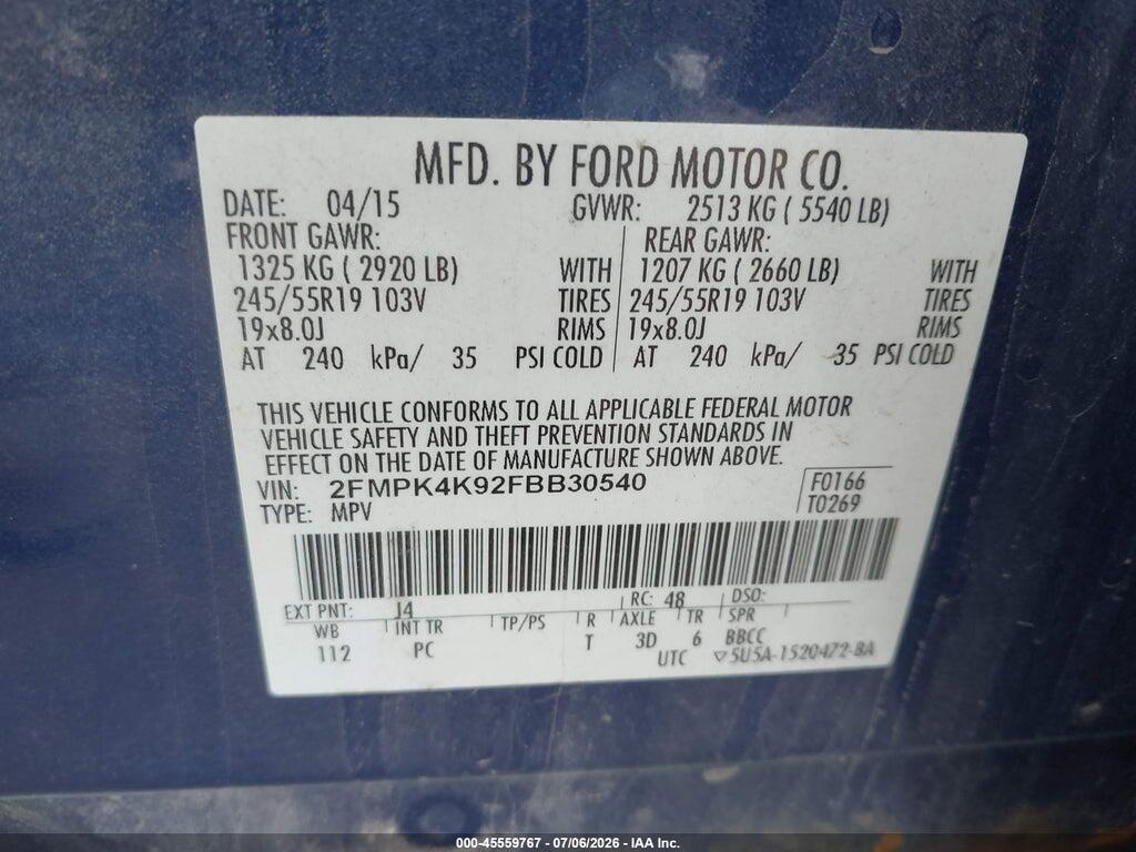2FMPK4K92FBB30540 2015 FORD EDGE photo no. 9