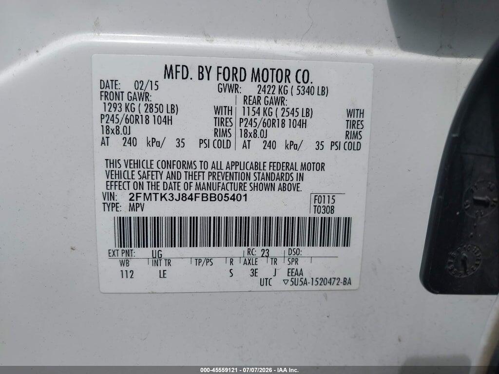 2FMTK3J84FBB05401 2015 FORD EDGE photo no. 9