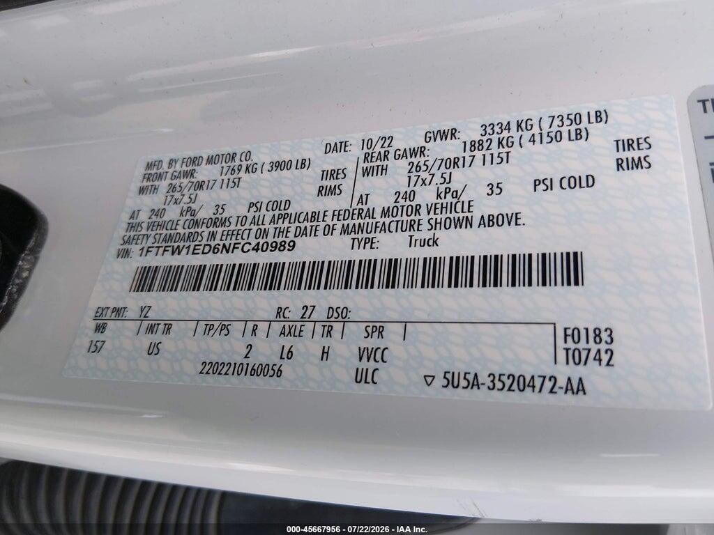 1FTFW1ED6NFC40989 2022 FORD F-150 photo no. 9
