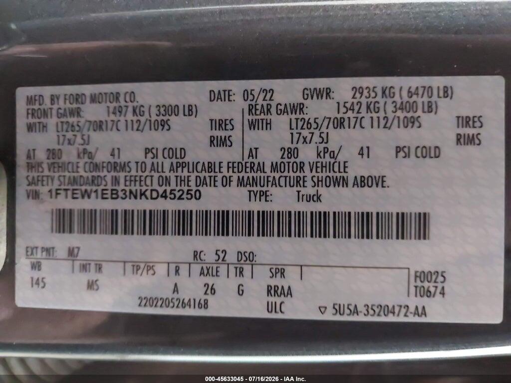 1FTEW1EB3NKD45250 2022 FORD F-150 photo no. 9