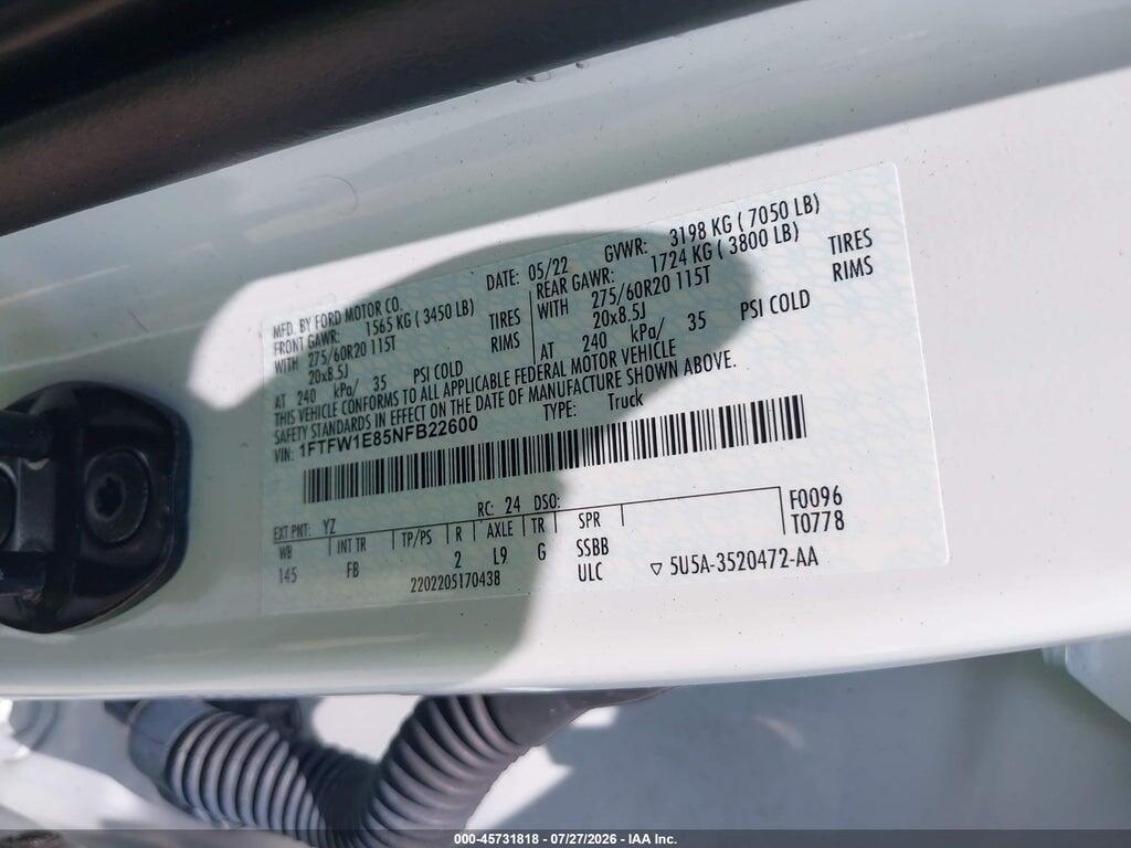 1FTFW1E85NFB22600 2022 FORD F-150 photo no. 9