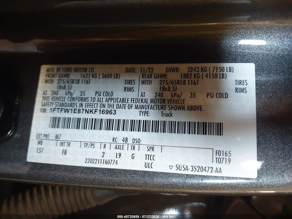 1FTFW1E87NKF16963 2022 FORD F-150 photo no. 9