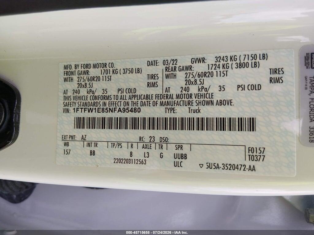 1FTFW1E85NFA95480 2022 FORD F-150 photo no. 9