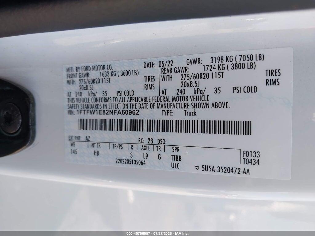 1FTFW1E82NFA60962 2022 FORD F-150 photo no. 9