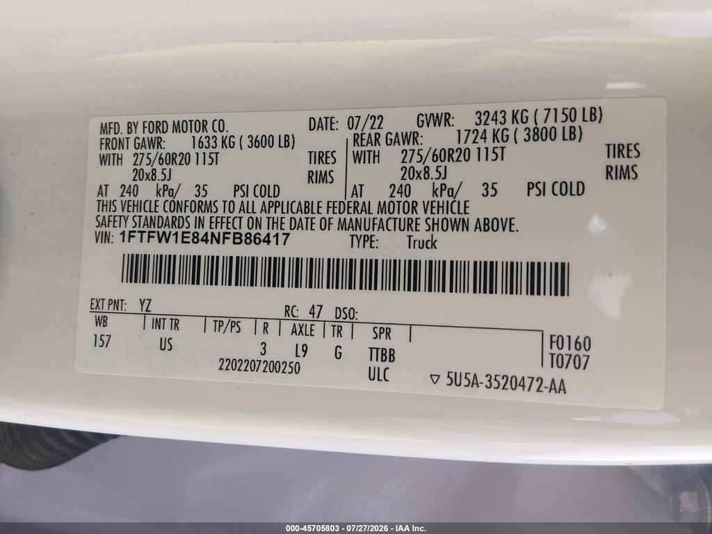 1FTFW1E84NFB86417 2022 FORD F-150 photo no. 9