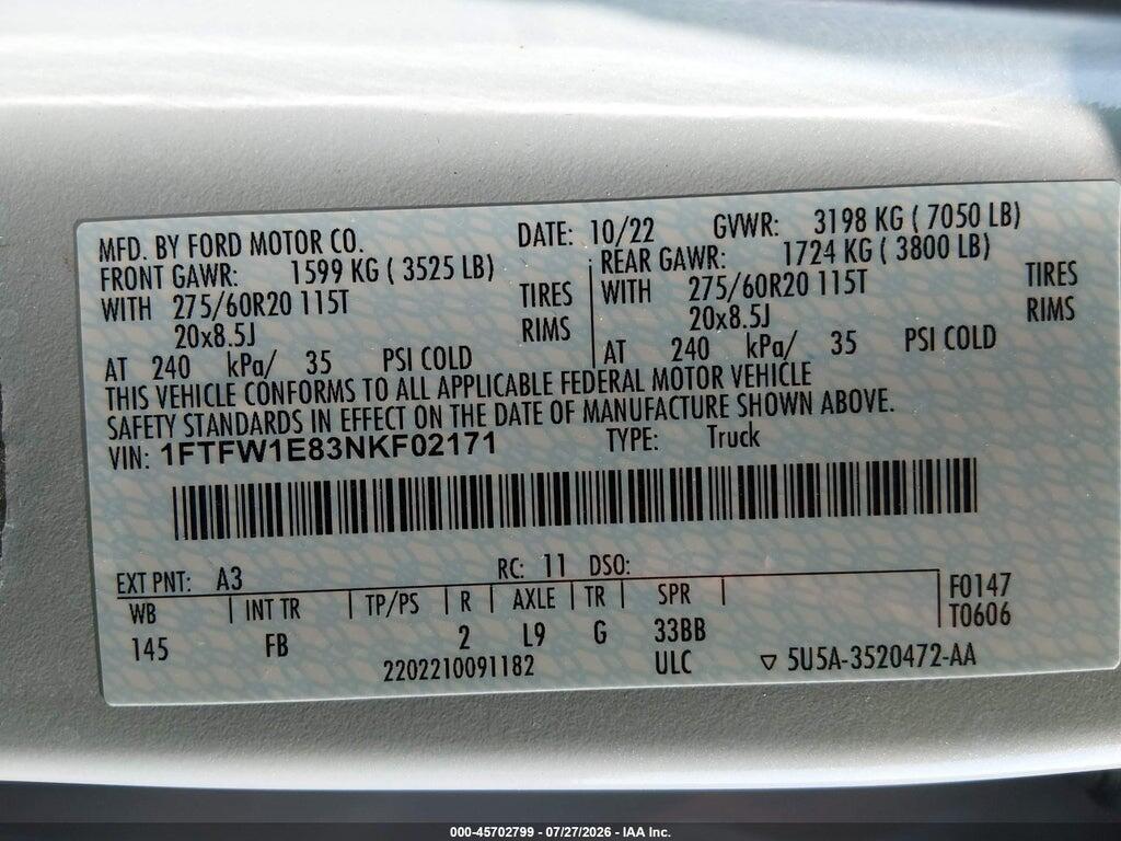 1FTFW1E83NKF02171 2022 FORD F-150 photo no. 9