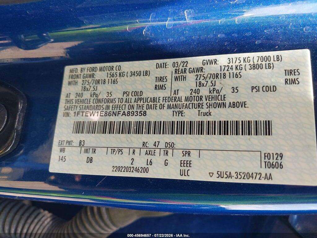 1FTEW1E86NFA89358 2022 FORD F-150 photo no. 9