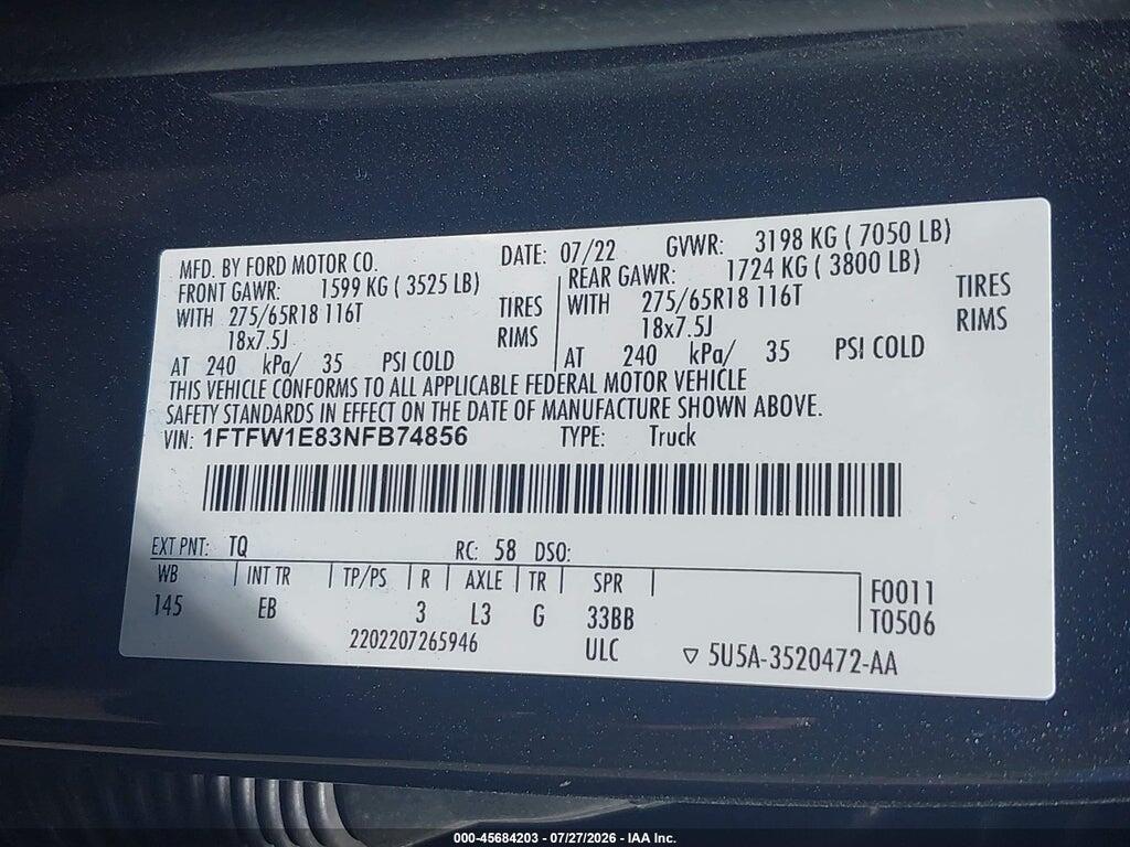 1FTFW1E83NFB74856 2022 FORD F-150 photo no. 9