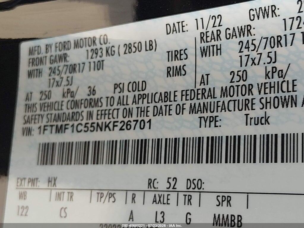 1FTMF1C55NKF26701 2022 FORD F-150 photo no. 9