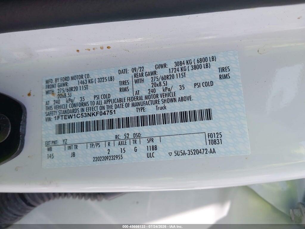 1FTEW1C53NKF04751 2022 FORD F-150 photo no. 9