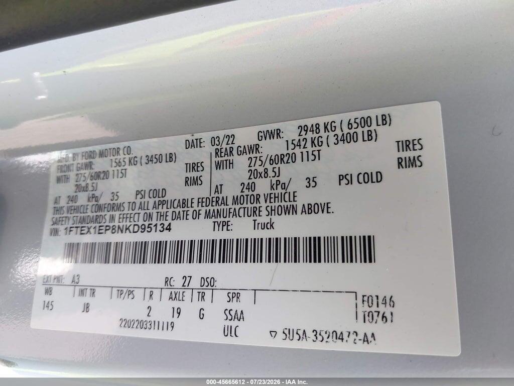 1FTEX1EP8NKD95134 2022 FORD F-150 photo no. 9