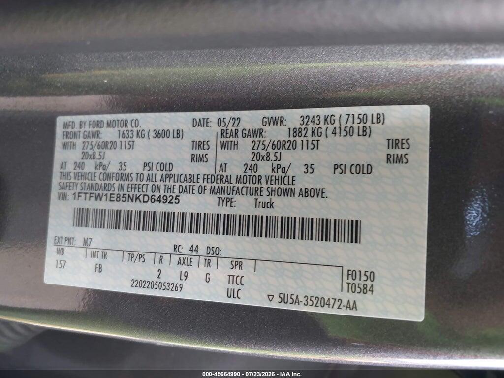 1FTFW1E85NKD64925 2022 FORD F-150 photo no. 9