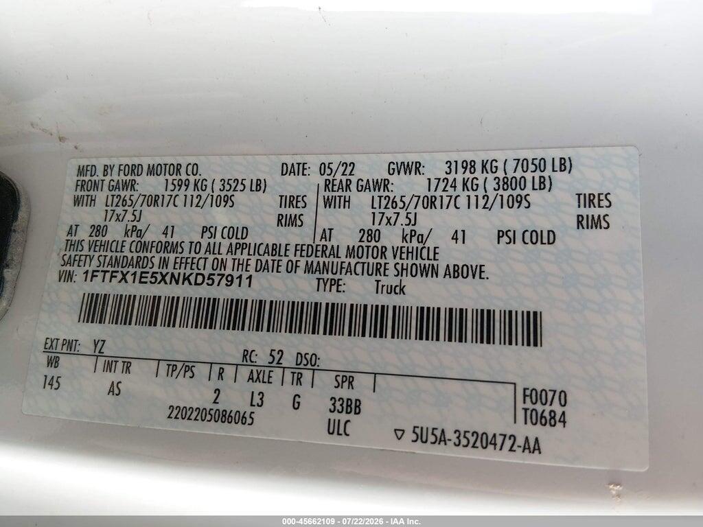 1FTFX1E5XNKD57911 2022 FORD F-150 photo no. 9