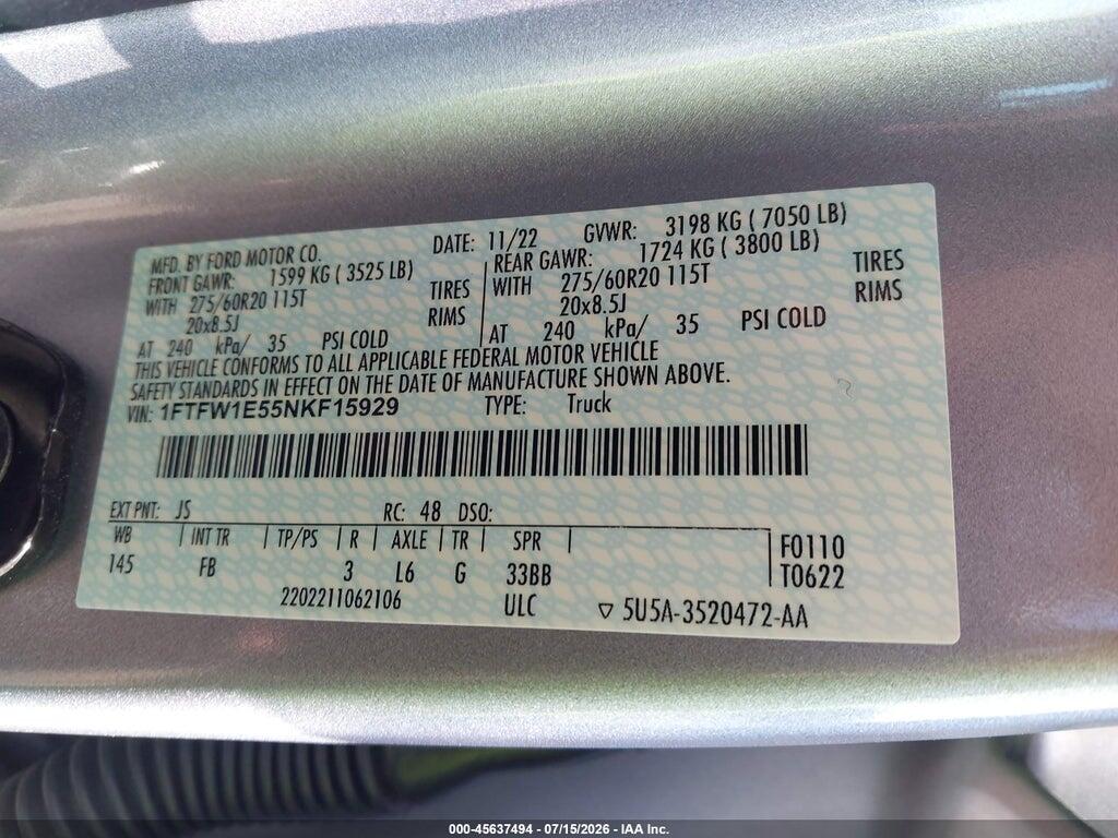 1FTFW1E55NKF15929 2022 FORD F-150 photo no. 9
