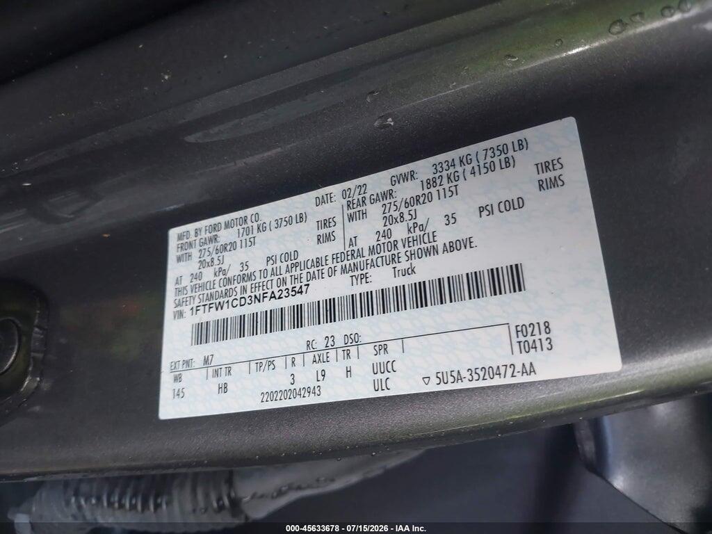 1FTFW1CD3NFA23547 2022 FORD F-150 photo no. 9