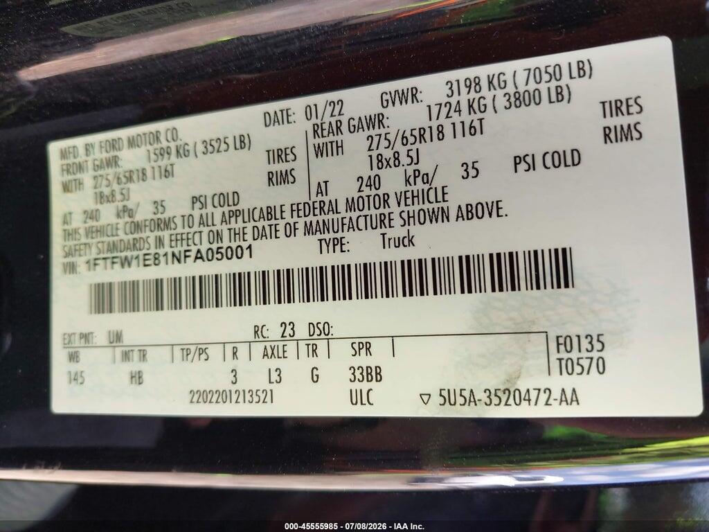 1FTFW1E81NFA05001 2022 FORD F-150 photo no. 9