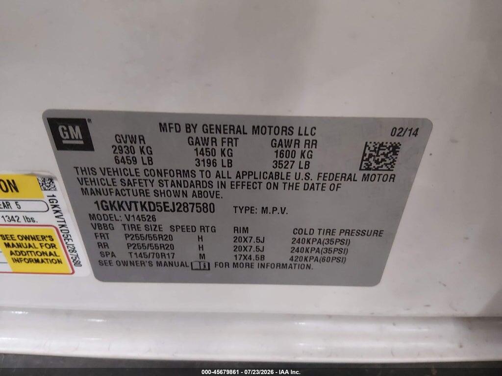 1GKKVTKD5EJ287580 2014 GMC ACADIA photo no. 9