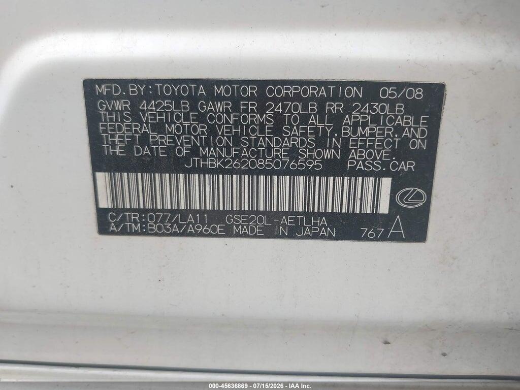 JTHBK262085076595 2008 LEXUS IS 250 photo no. 9