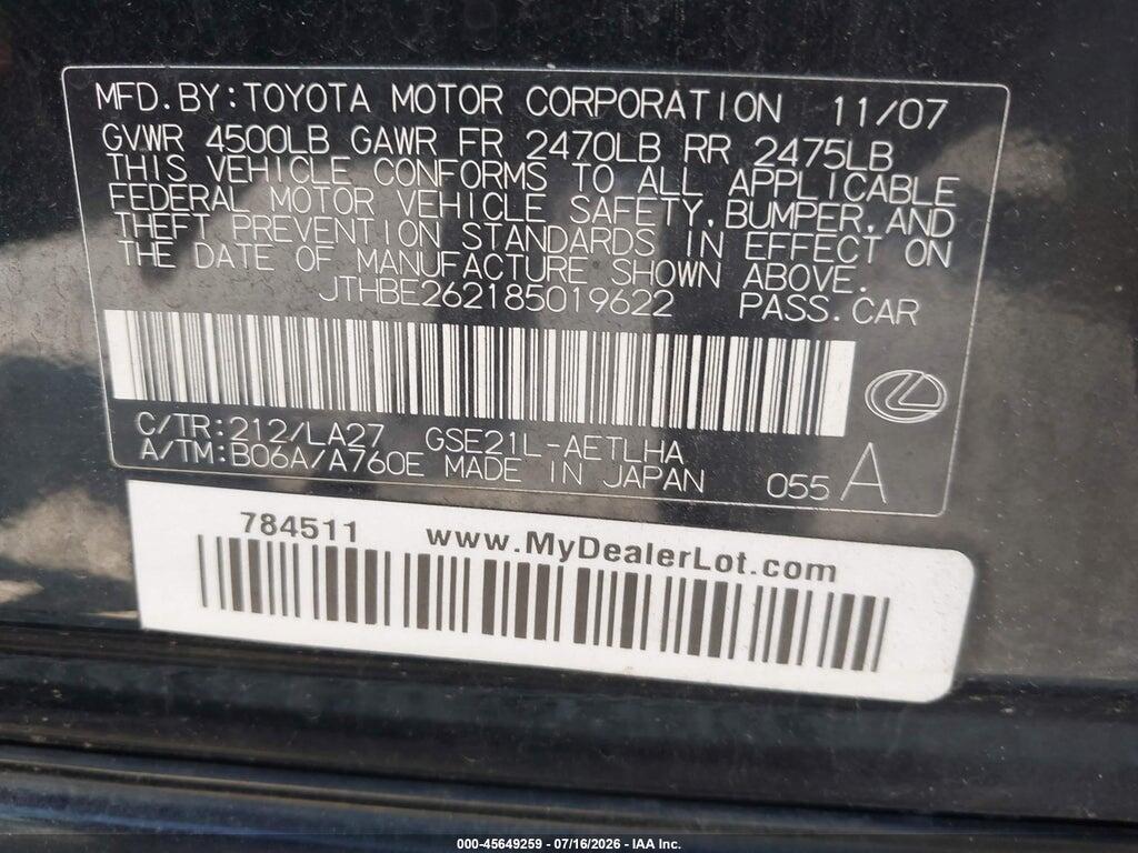 JTHBE262185019622 2008 LEXUS IS 350 photo no. 9
