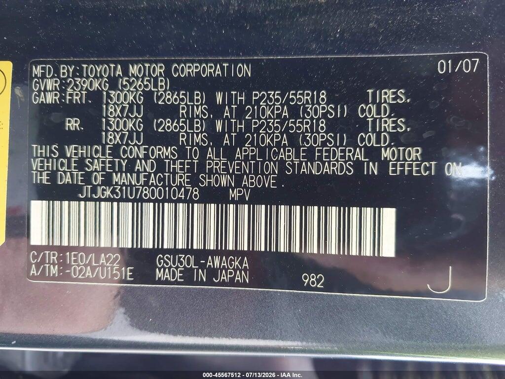 JTJGK31U780010478 2008 LEXUS RX 350 photo no. 9