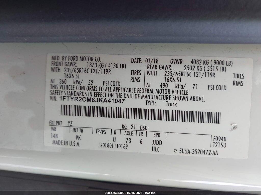 1FTYR2CM8JKA41047 2018 FORD TRANSIT-250 photo no. 9