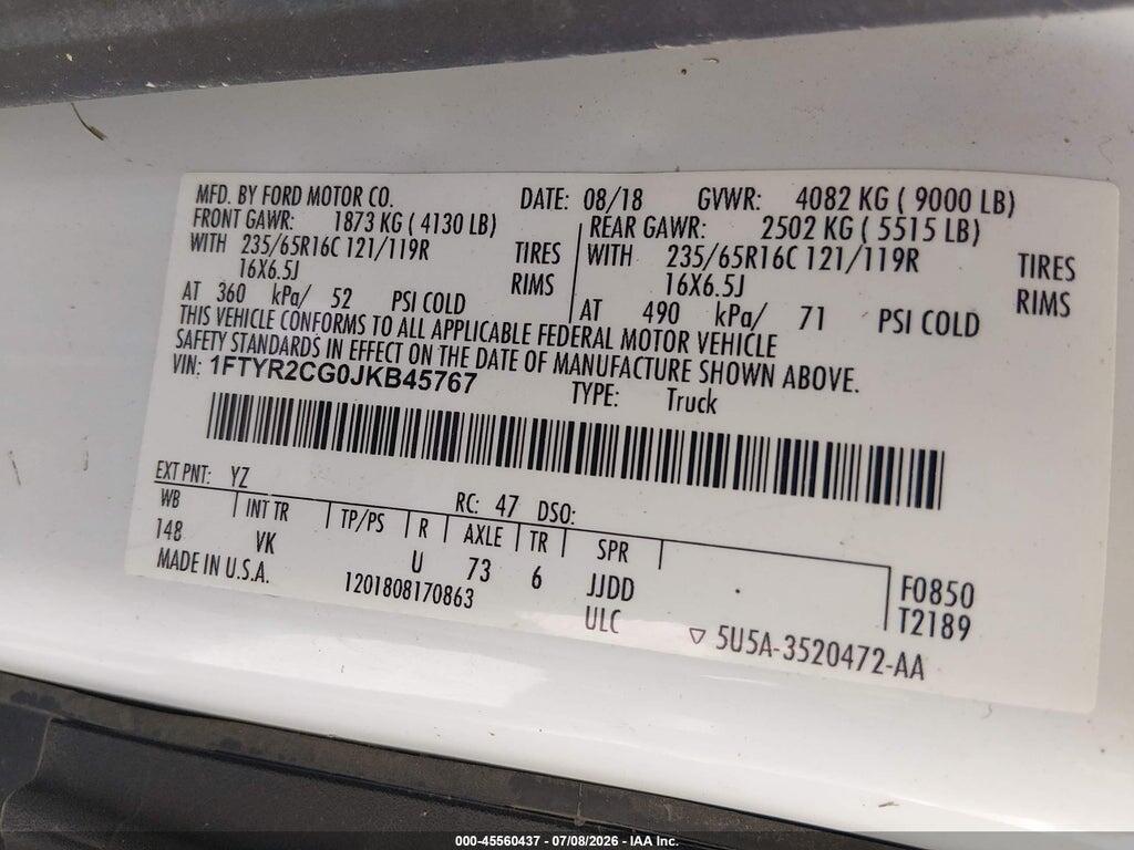 1FTYR2CG0JKB45767 2018 FORD TRANSIT-250 photo no. 9