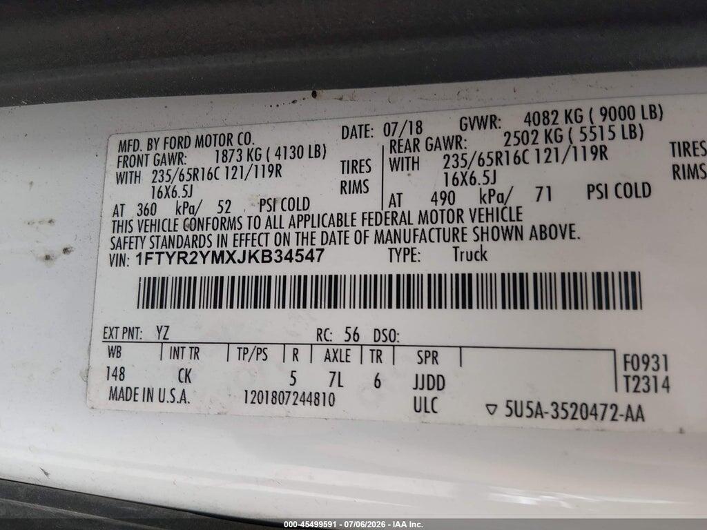 1FTYR2YMXJKB34547 2018 FORD TRANSIT-250 photo no. 9