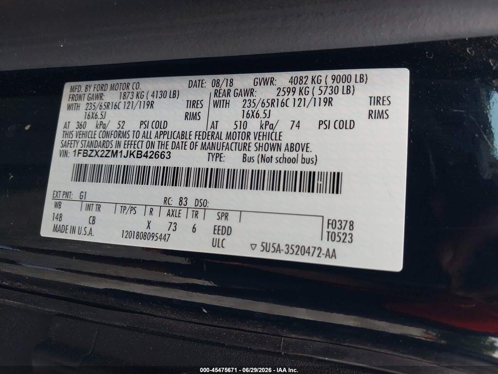 1FBZX2ZM1JKB42663 2018 FORD TRANSIT-350 photo no. 9