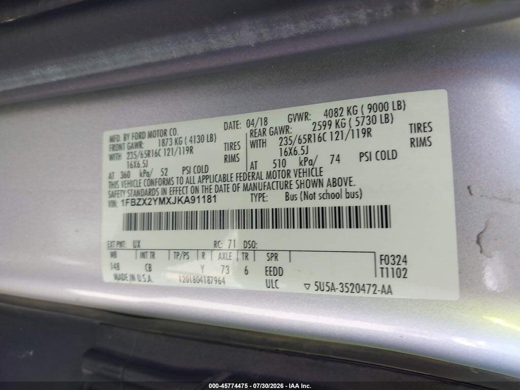 1FBZX2YMXJKA91181 2018 FORD TRANSIT-350 photo no. 9