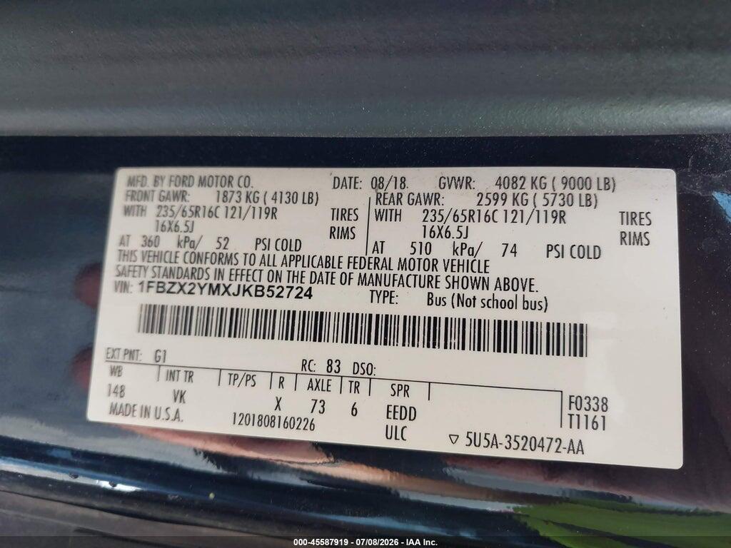 1FBZX2YMXJKB52724 2018 FORD TRANSIT-350 photo no. 9